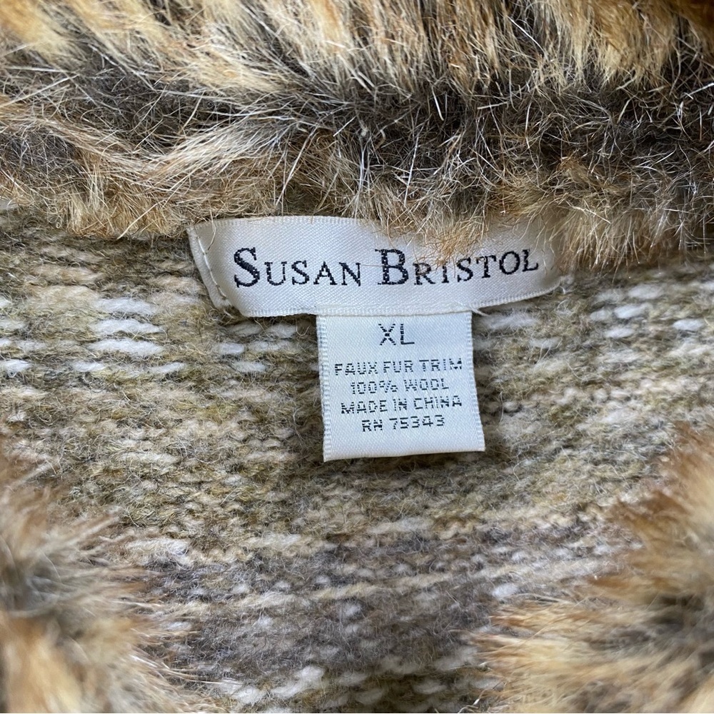 Susan Bristol Women’s Zip-Up Sweater with Faux Fur Trim Tan 100% Wool Size XL - Picture 7 of 10